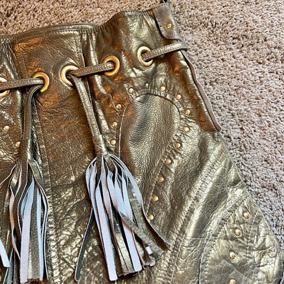 Bulga Leather Studded Hobo Tote Bag in Iridescent Green - Picture 3 of 7